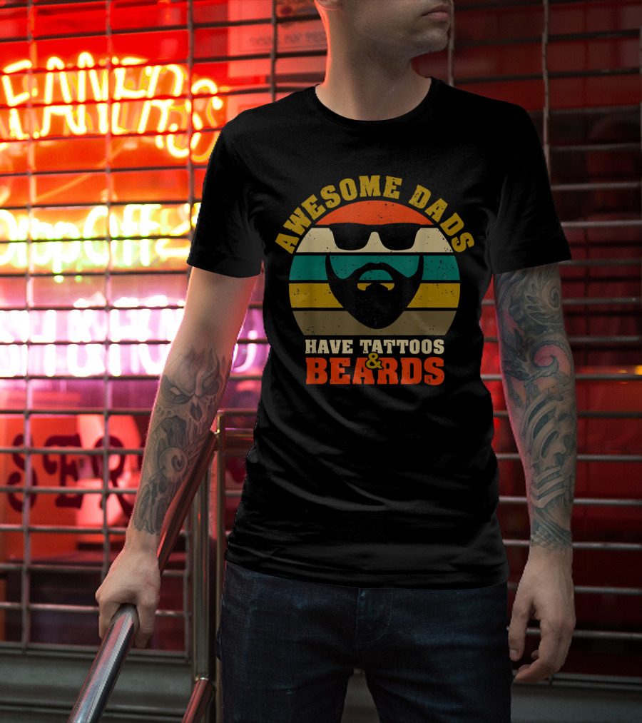 Awesome Dads Have Tattoos And Beards Retro Stripes Beard Sunglasses T-Shirt
