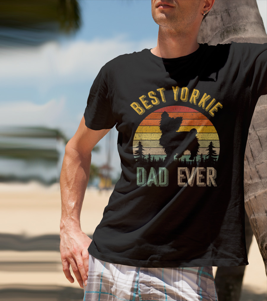 Best Yorkie Dad Ever Vintage 70s Retro Sunset Silhouette Pines T-Shirt