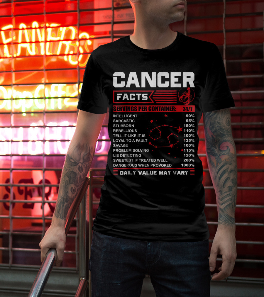 Cancer Facts Horoscope Zodiac Traits Funny Birthday Mock Nutritional Label T-Shirt