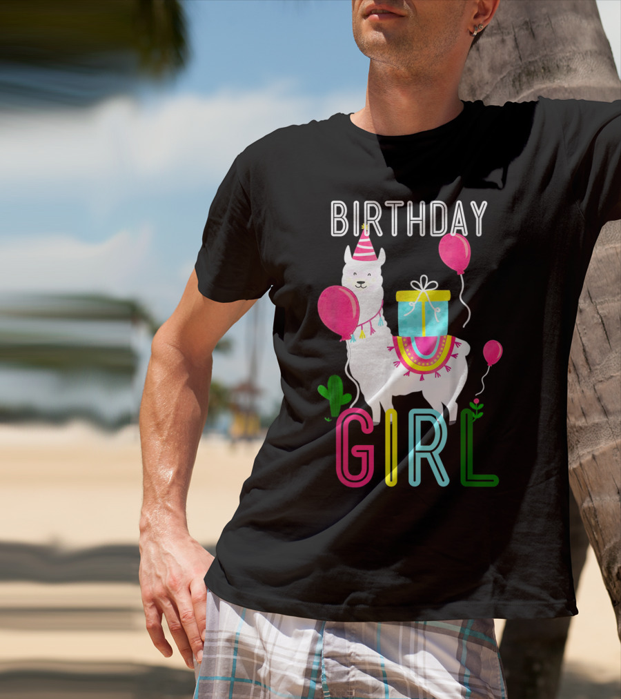 Birthday Girl Llama Cool Cute Alpaca With Balloons And Present T-Shirt