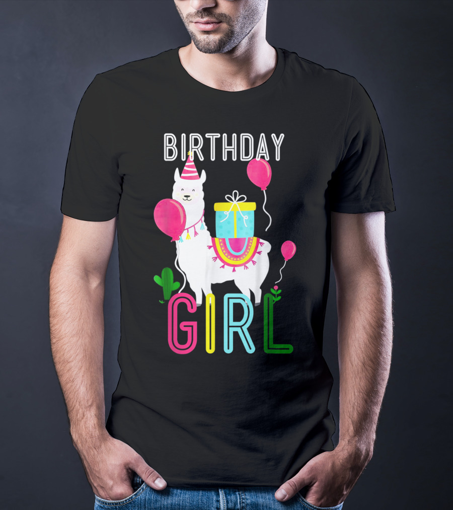 Birthday Girl Llama Cool Cute Alpaca With Balloons And Present T-Shirt