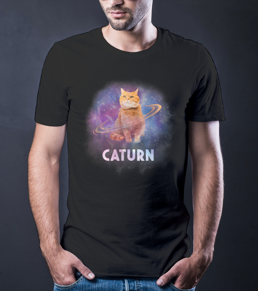 Caturn Cosmic Feline In Galaxy T-Shirt