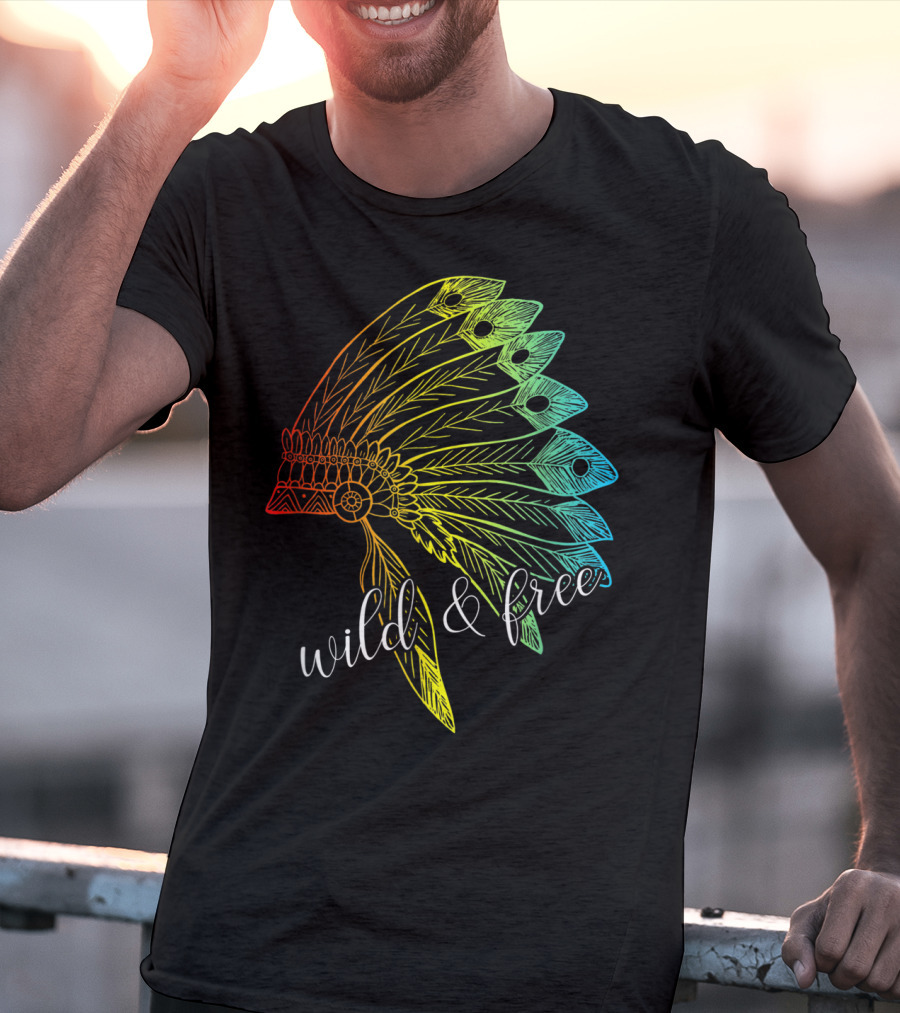 Wild And Free Colored Native American Headdress USA T-Shirt