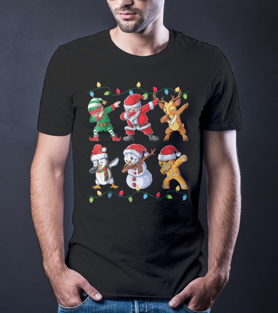 Dabbing Santa Elf Reindeer Penguin Snowman Gingerbread Christmas Lights T-Shirt