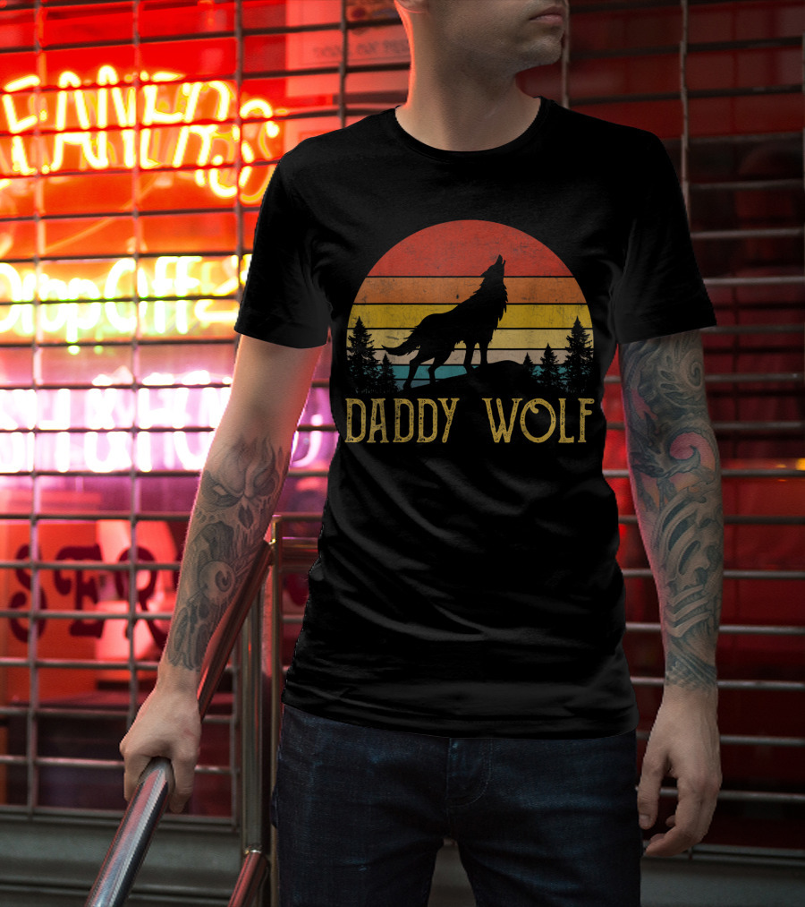 Daddy Wolf Silhouette Sunset Forest Scene T-Shirt