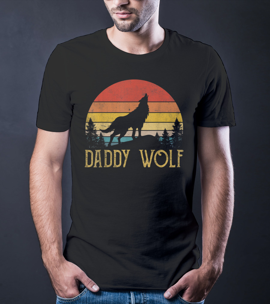 Daddy Wolf Silhouette Sunset Forest Scene T-Shirt