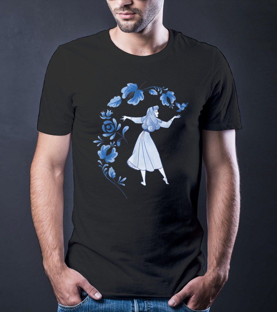 Disney Sleeping Beauty Princess Aurora With Blue Flowers And Bird T-Shirt