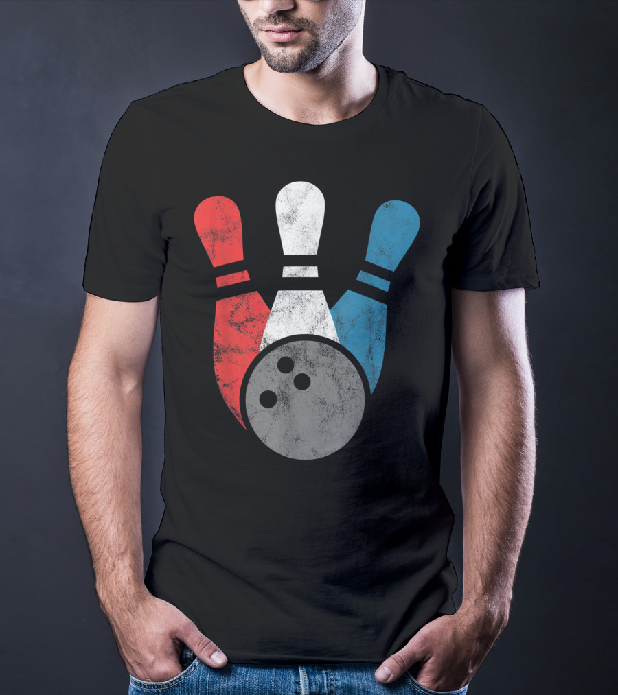 Distressed Red White Blue Bowling Pins With Bowling Ball T-Shirt
