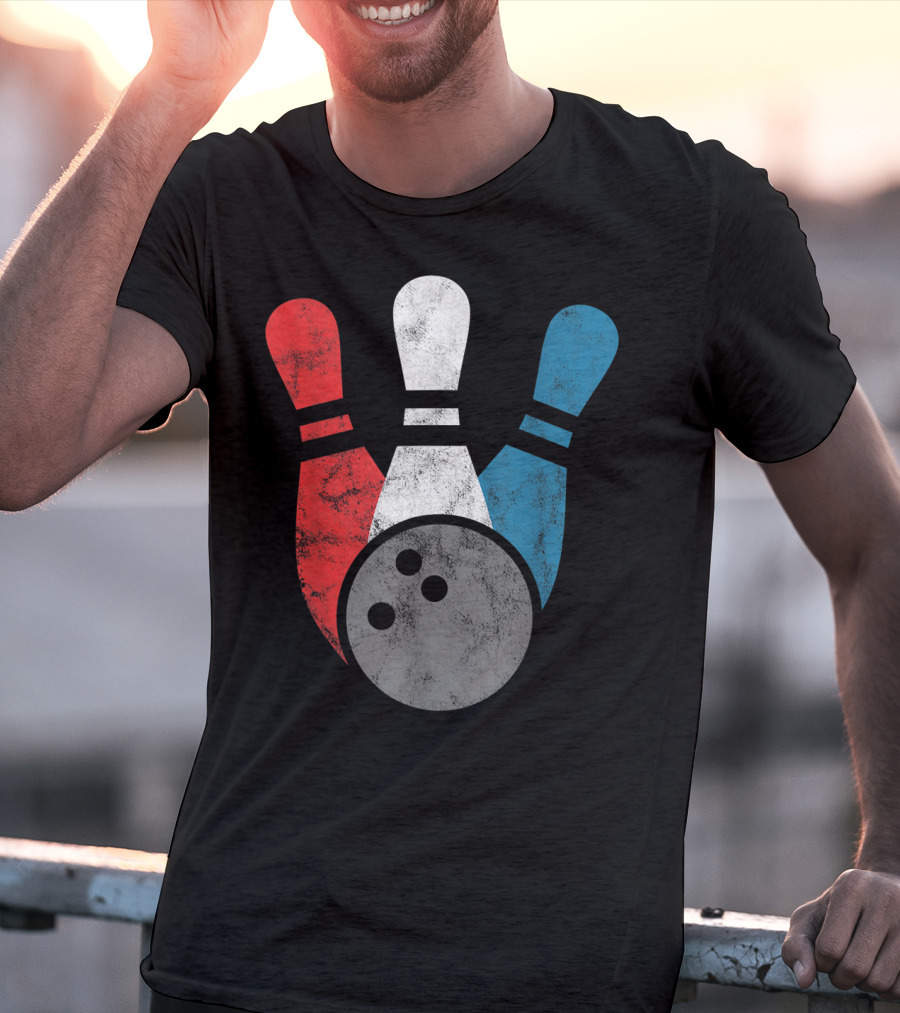 Distressed Red White Blue Bowling Pins With Bowling Ball T-Shirt