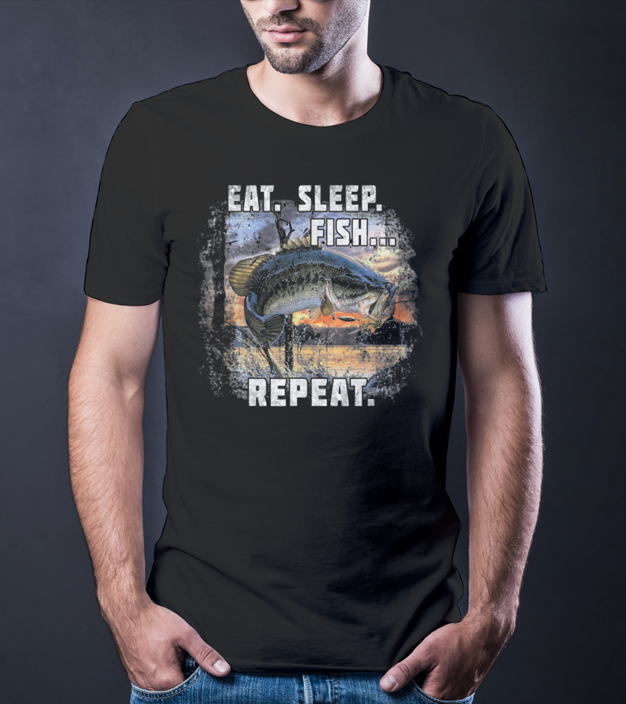 Eat Sleep Fish Repeat Bass Fishing Adventure Lake Sunrise T-Shirt