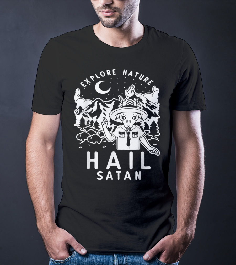 Explore Nature Hail Satan Baphomet Scout IN Mountain Landscape With Night Sky T-Shirt