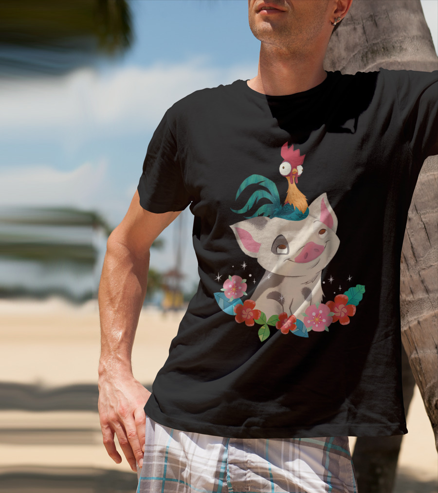 Disney Moana HeiHei And Pua With Colorful Flowers T-Shirt