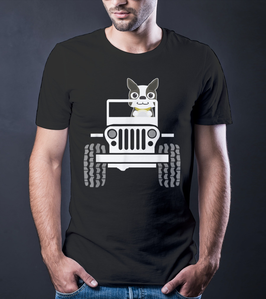 Funny Boston Terrier Dog In Jeep Dad T-Shirt