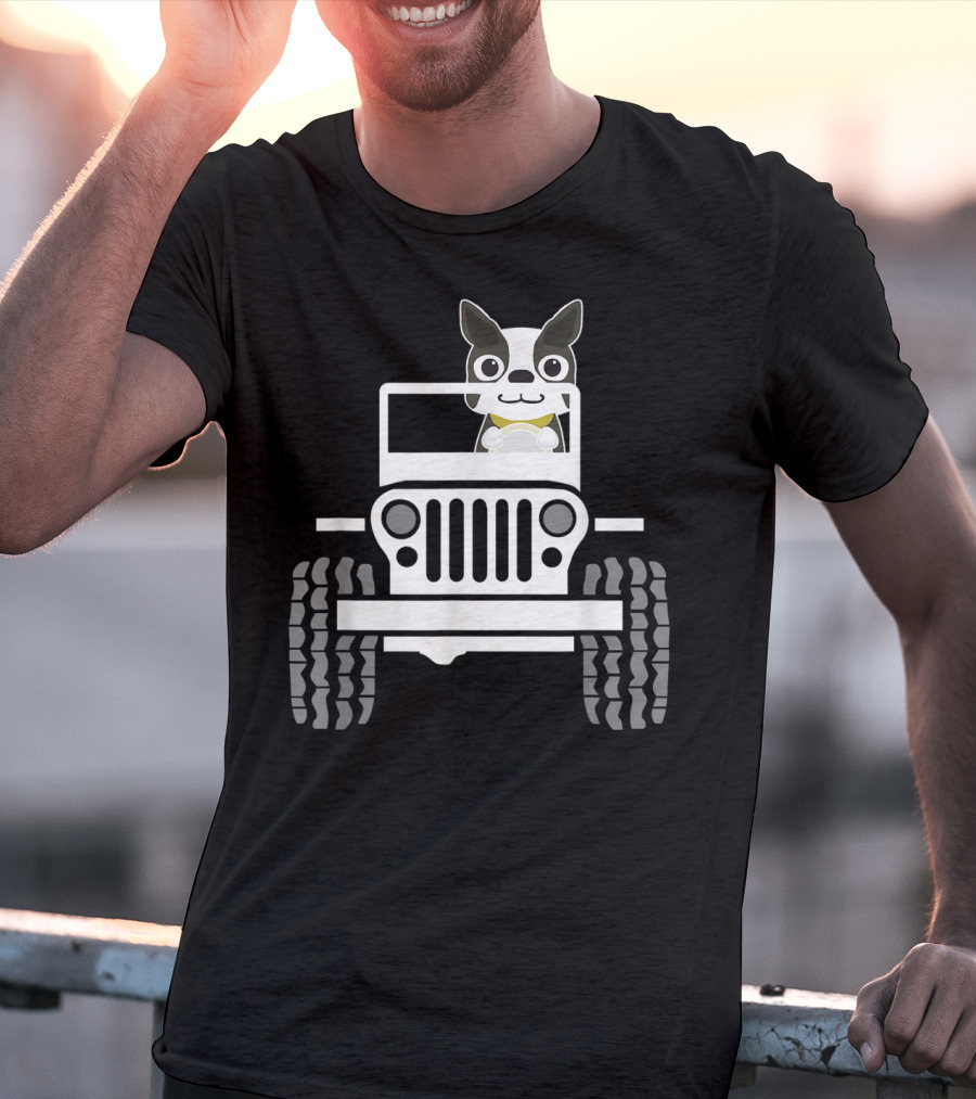 Funny Boston Terrier Dog In Jeep Dad T-Shirt