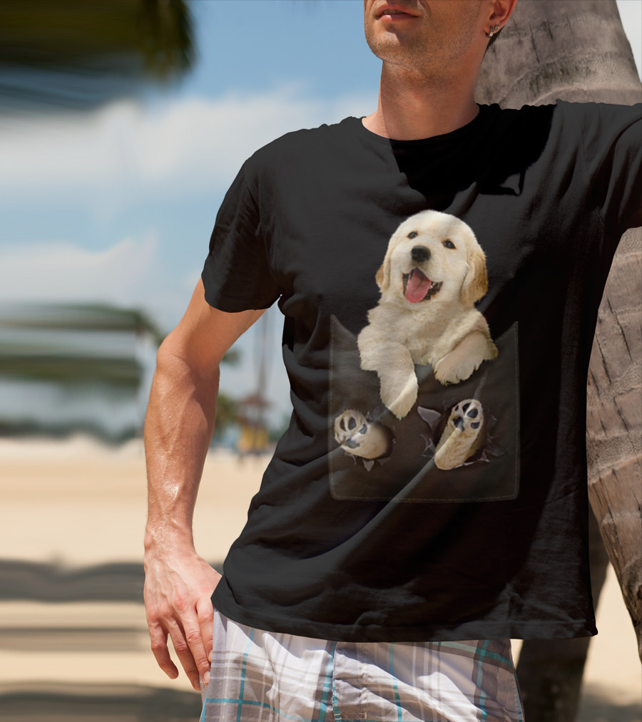 Golden Retriever Puppy Peeking From Pocket T-Shirt