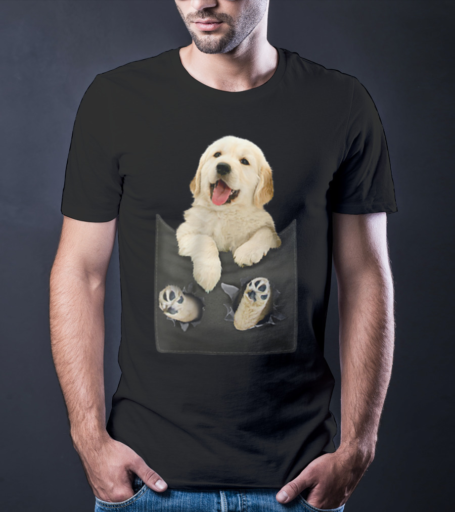 Golden Retriever Puppy Peeking From Pocket T-Shirt