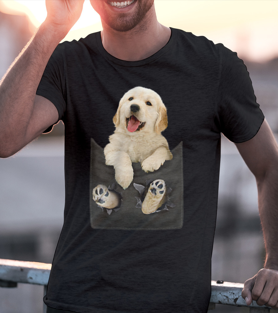 Golden Retriever Puppy Peeking From Pocket T-Shirt