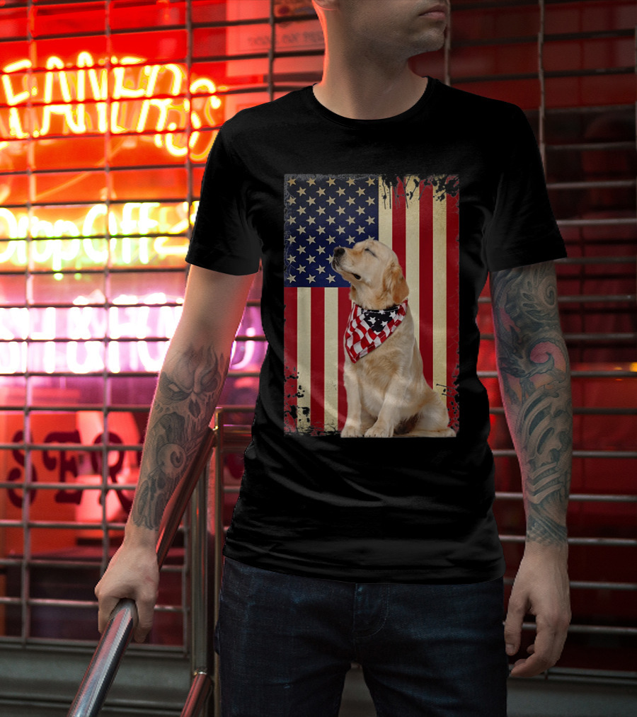 Golden Retriever Smiling American Flag Bandana T-Shirt