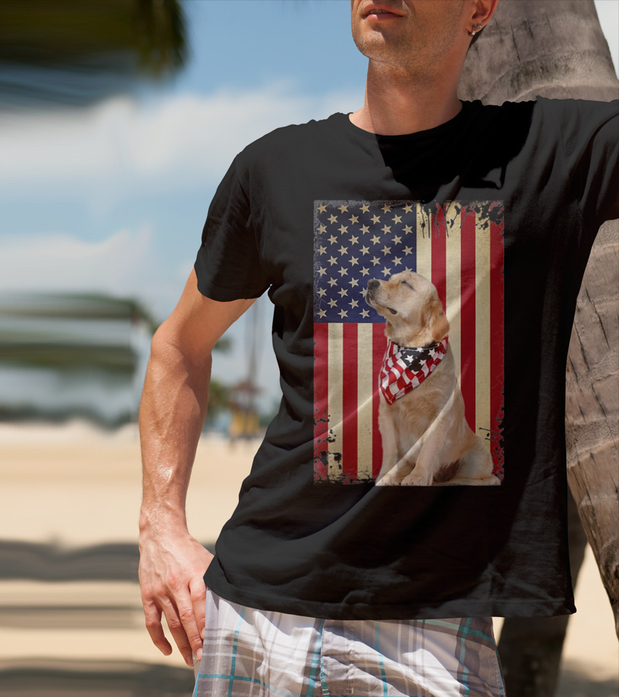 Golden Retriever Smiling American Flag Bandana T-Shirt