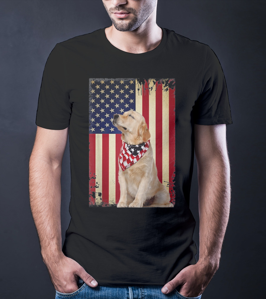 Golden Retriever Smiling American Flag Bandana T-Shirt