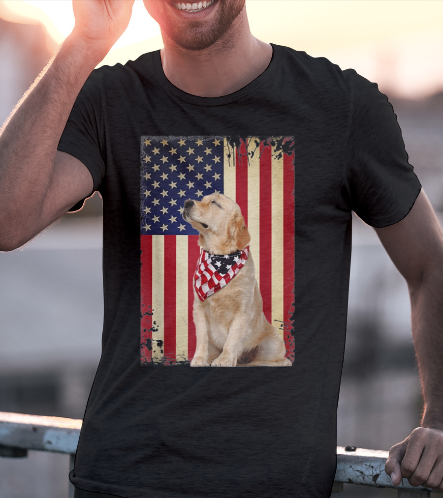 Golden Retriever Smiling American Flag Bandana T-Shirt