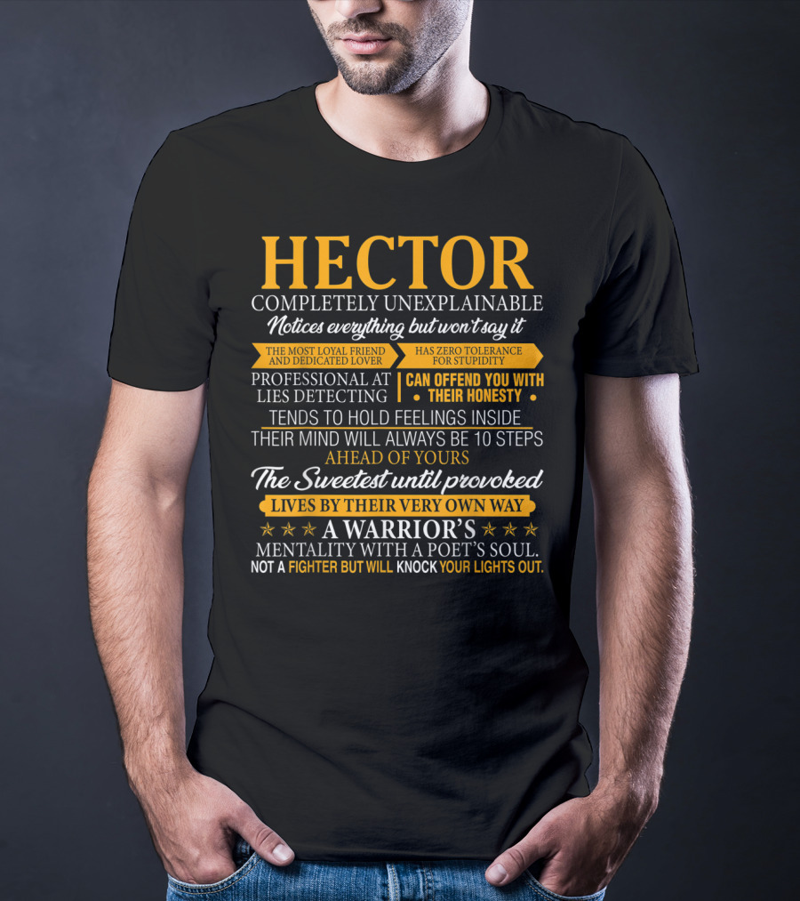 HECTOR Completely Unexplainable Notices Everything Professional Lies Detecting Warrior's Mentality Poet's Soul T-Shirt