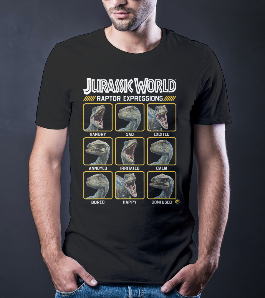 Jurassic World Raptor Expressions Hangry Sad Excited Annoyed Irritated Calm Bored Happy Confused T-Shirt