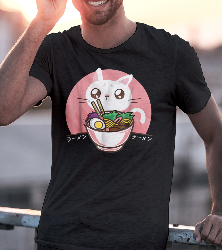 Kawaii Japanese Ramen Noodles Anime Cat Love T-Shirt