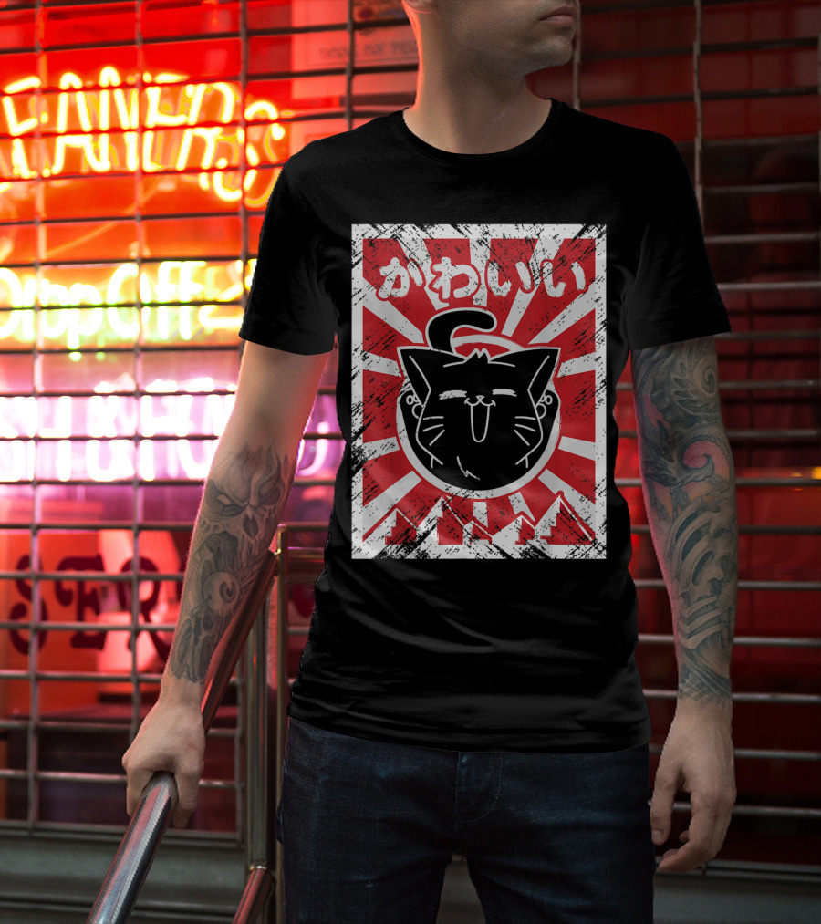 Kawaii Anime Cute Japanese Cat With Red Rising Sun Background T-Shirt