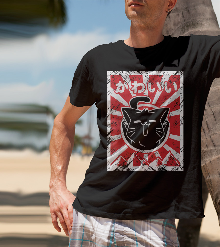Kawaii Anime Cute Japanese Cat With Red Rising Sun Background T-Shirt