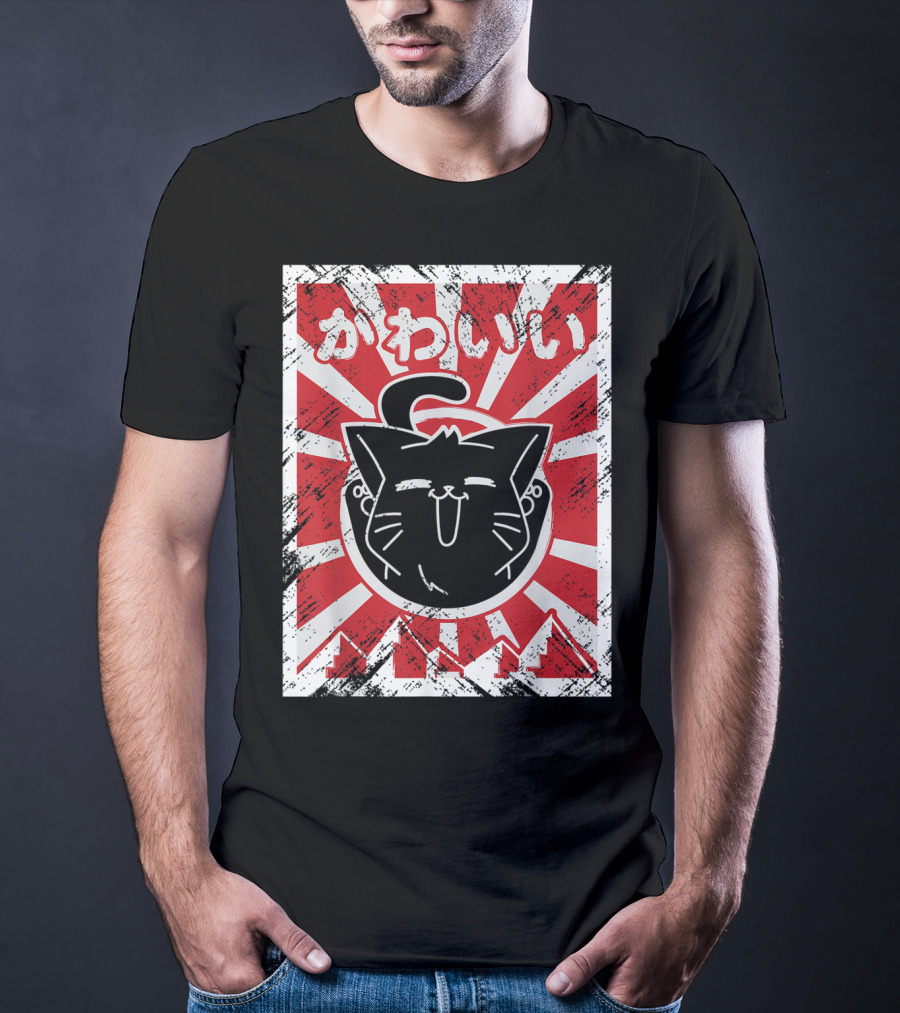 Kawaii Anime Cute Japanese Cat With Red Rising Sun Background T-Shirt