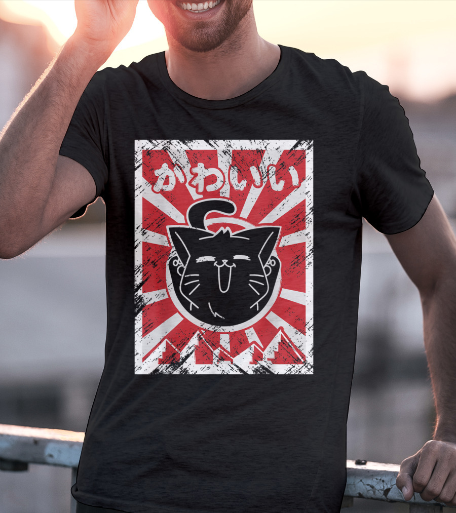 Kawaii Anime Cute Japanese Cat With Red Rising Sun Background T-Shirt