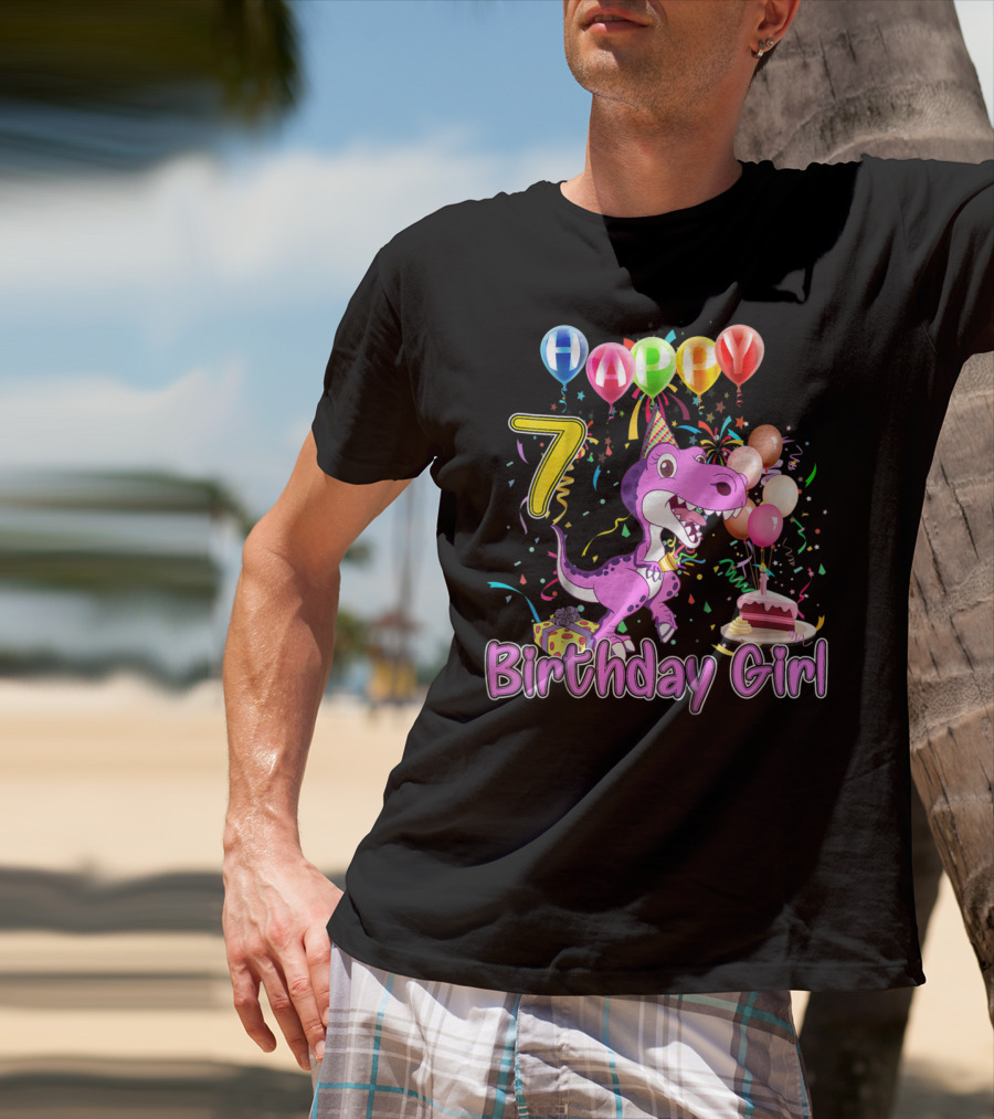 Happy 7 Birthday Girl Dinosaur Party Balloons Cake T-Shirt