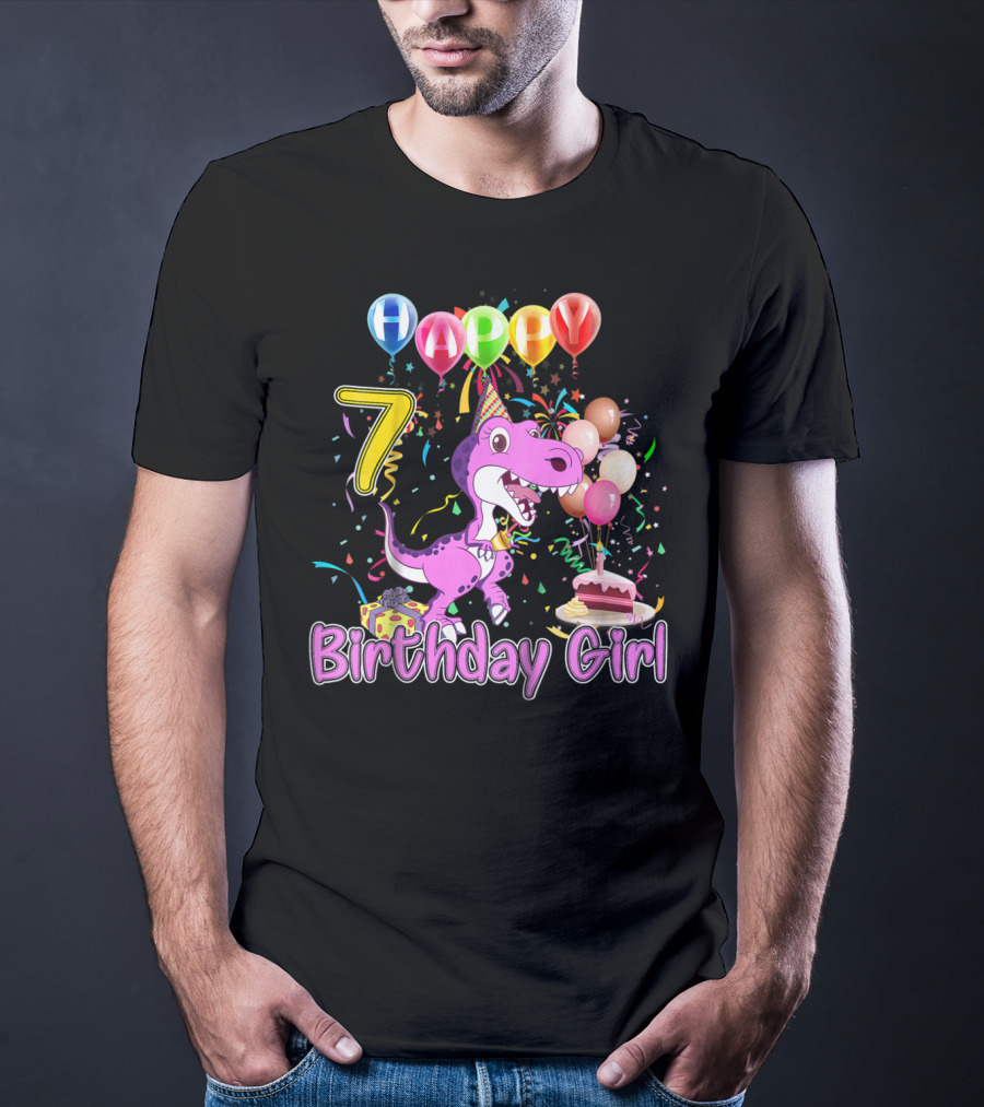 Happy 7 Birthday Girl Dinosaur Party Balloons Cake T-Shirt