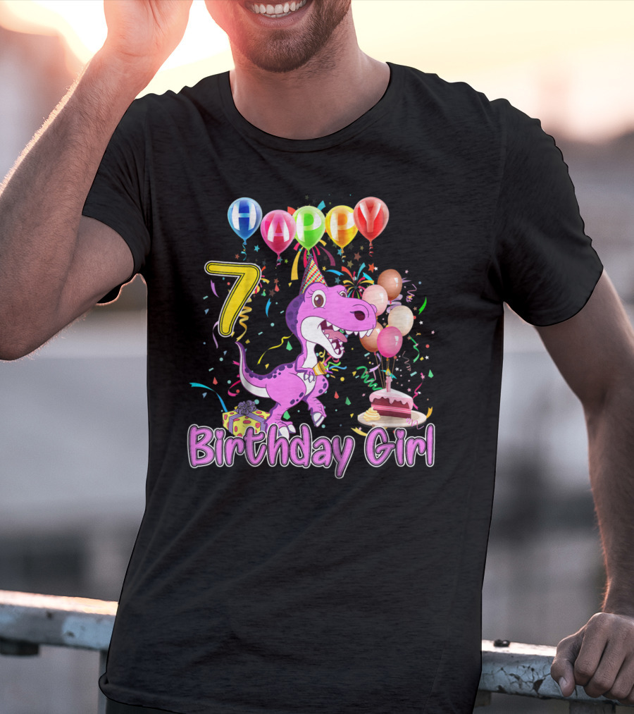 Happy 7 Birthday Girl Dinosaur Party Balloons Cake T-Shirt