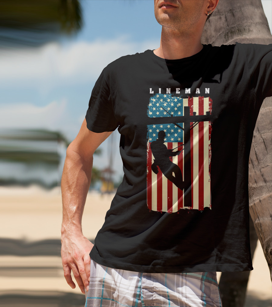 Lineman Silhouette Against American Flag Background With Electric Cable Pole T-Shirt