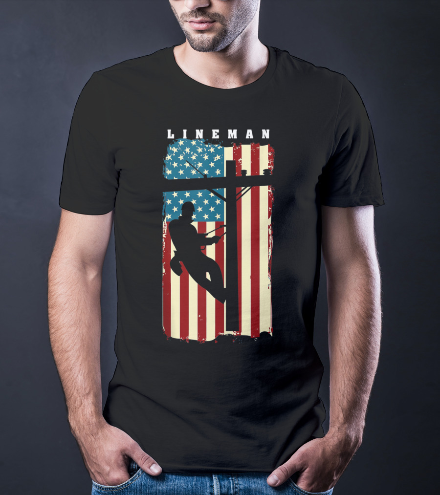 Lineman Silhouette Against American Flag Background With Electric Cable Pole T-Shirt