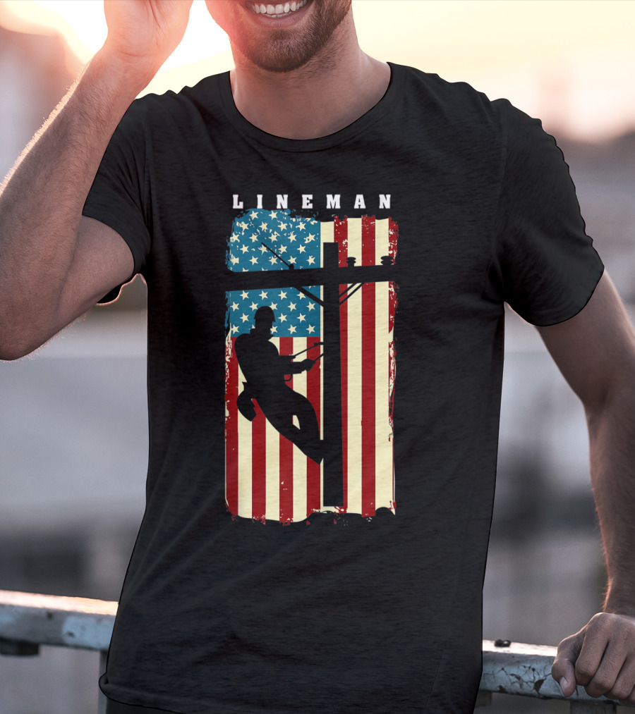 Lineman Silhouette Against American Flag Background With Electric Cable Pole T-Shirt