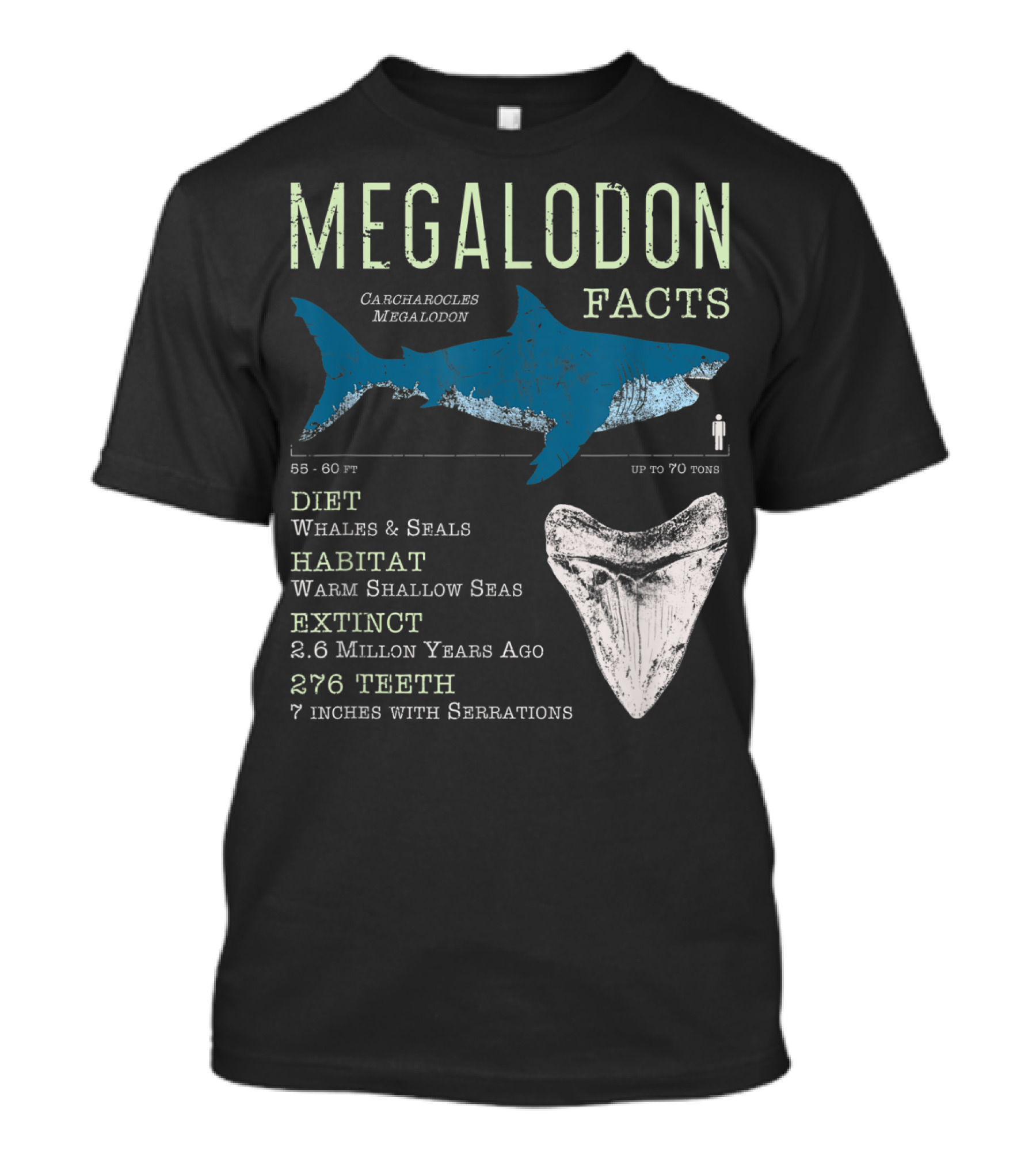 Megalodon Facts Funny Shark Lover Carcharocles Megalodon Diet Habitat Extinct 276 Teeth T-Shirt