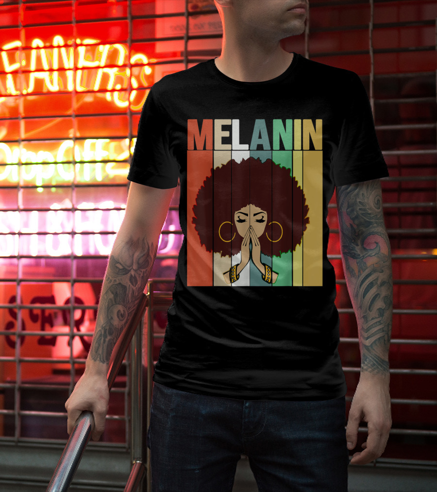 Melanin Vintage Black Afro Woman Prayer Hands Golden Hoop Earrings T-Shirt
