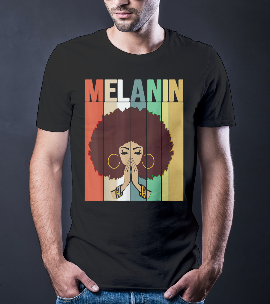 Melanin Vintage Black Afro Woman Prayer Hands Golden Hoop Earrings T-Shirt