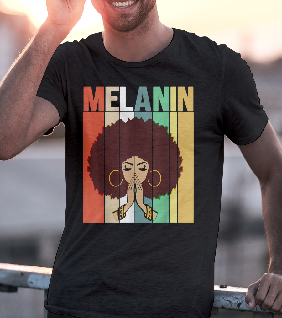 Melanin Vintage Black Afro Woman Prayer Hands Golden Hoop Earrings T-Shirt