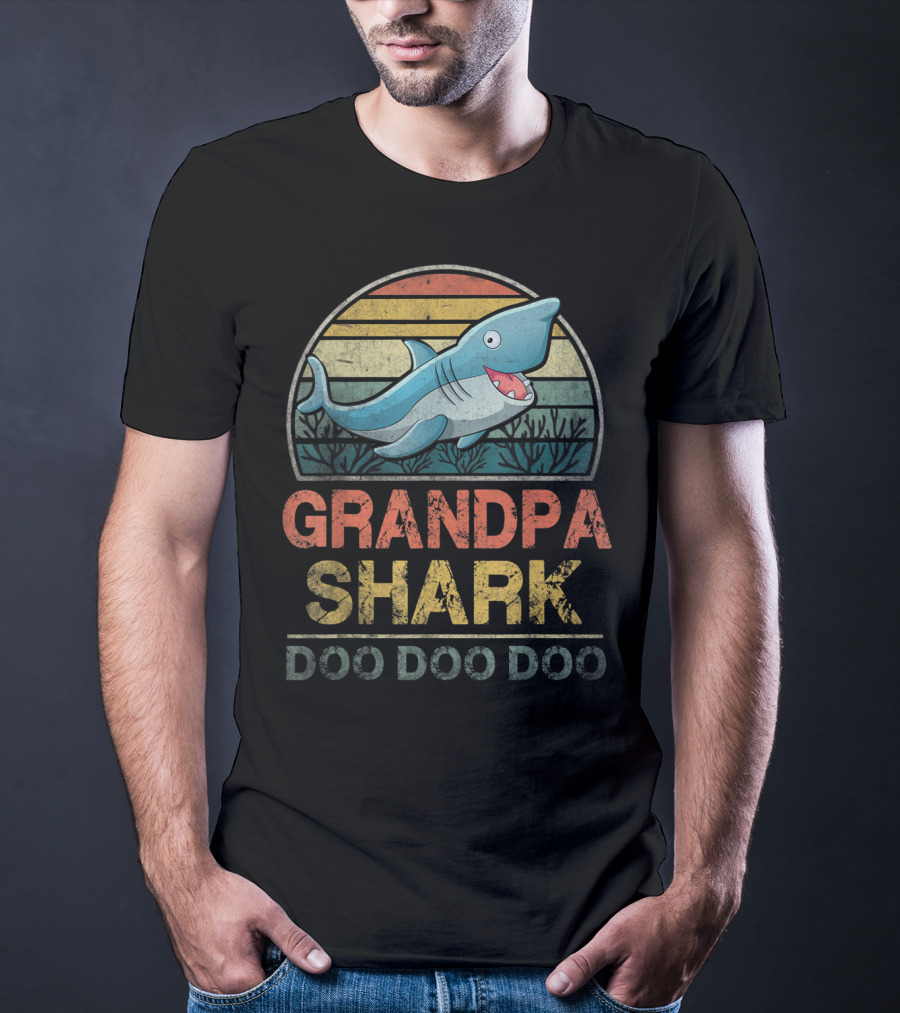 Grandpa Shark Doo Doo Doo Father's Day Retro Sunset Ocean T-Shirt