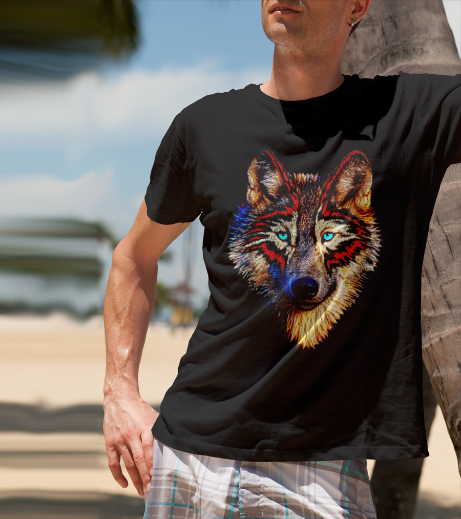 Mens Womens Kids Native American Timber Wolf Cool Bright Colorful Wolf Face T-Shirt