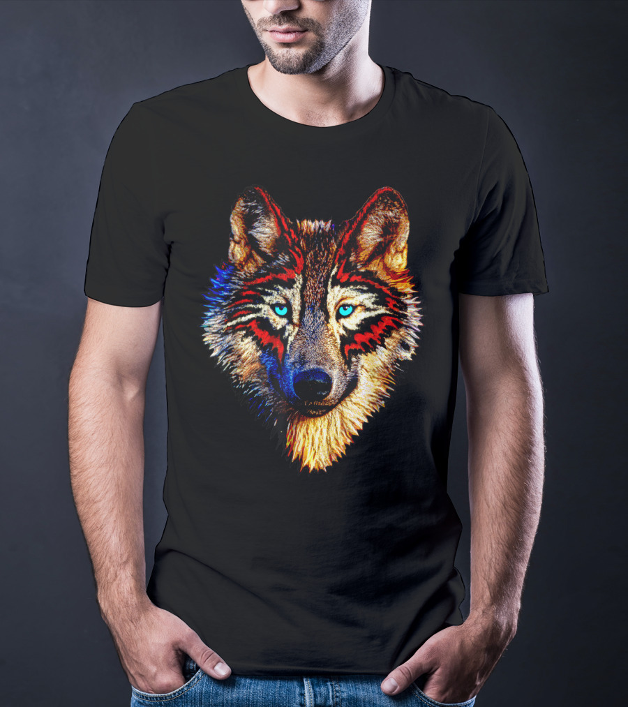 Mens Womens Kids Native American Timber Wolf Cool Bright Colorful Wolf Face T-Shirt