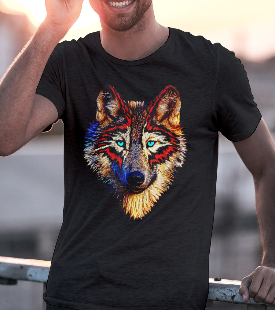 Mens Womens Kids Native American Timber Wolf Cool Bright Colorful Wolf Face T-Shirt