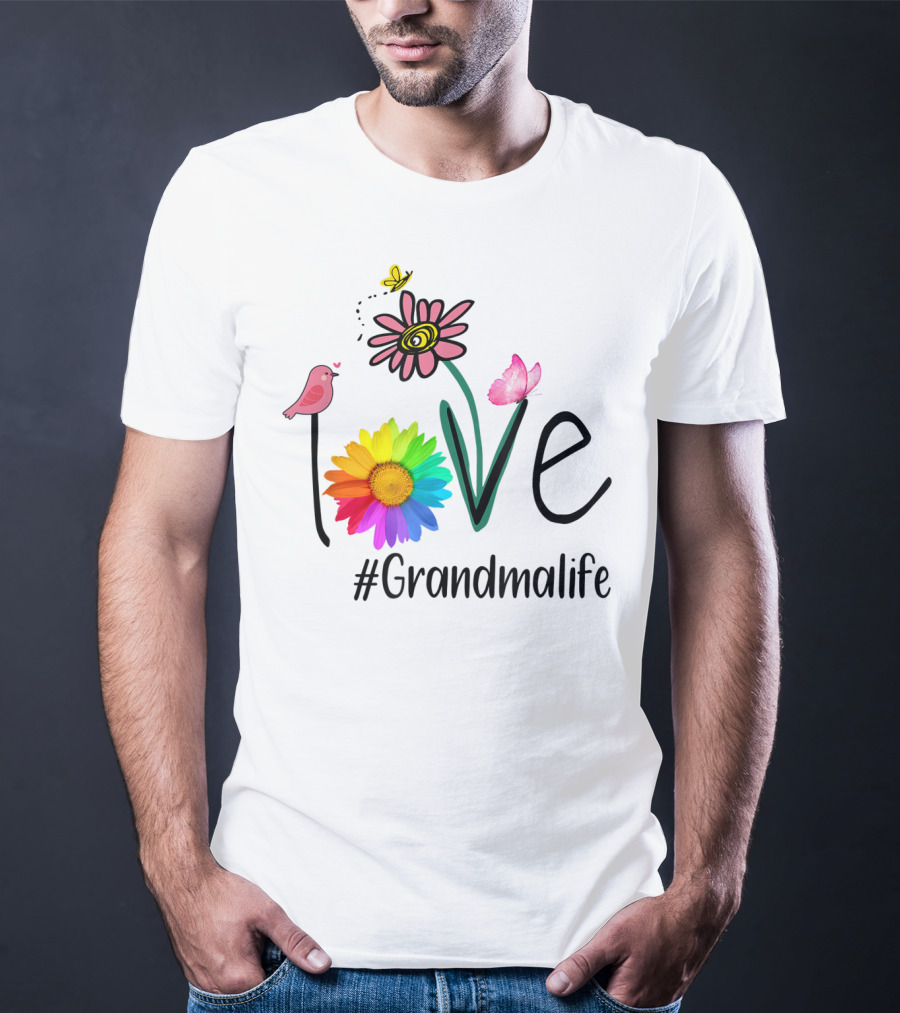 Love #Grandmalife Rainbow Heart Floral Bird Butterfly T-Shirt