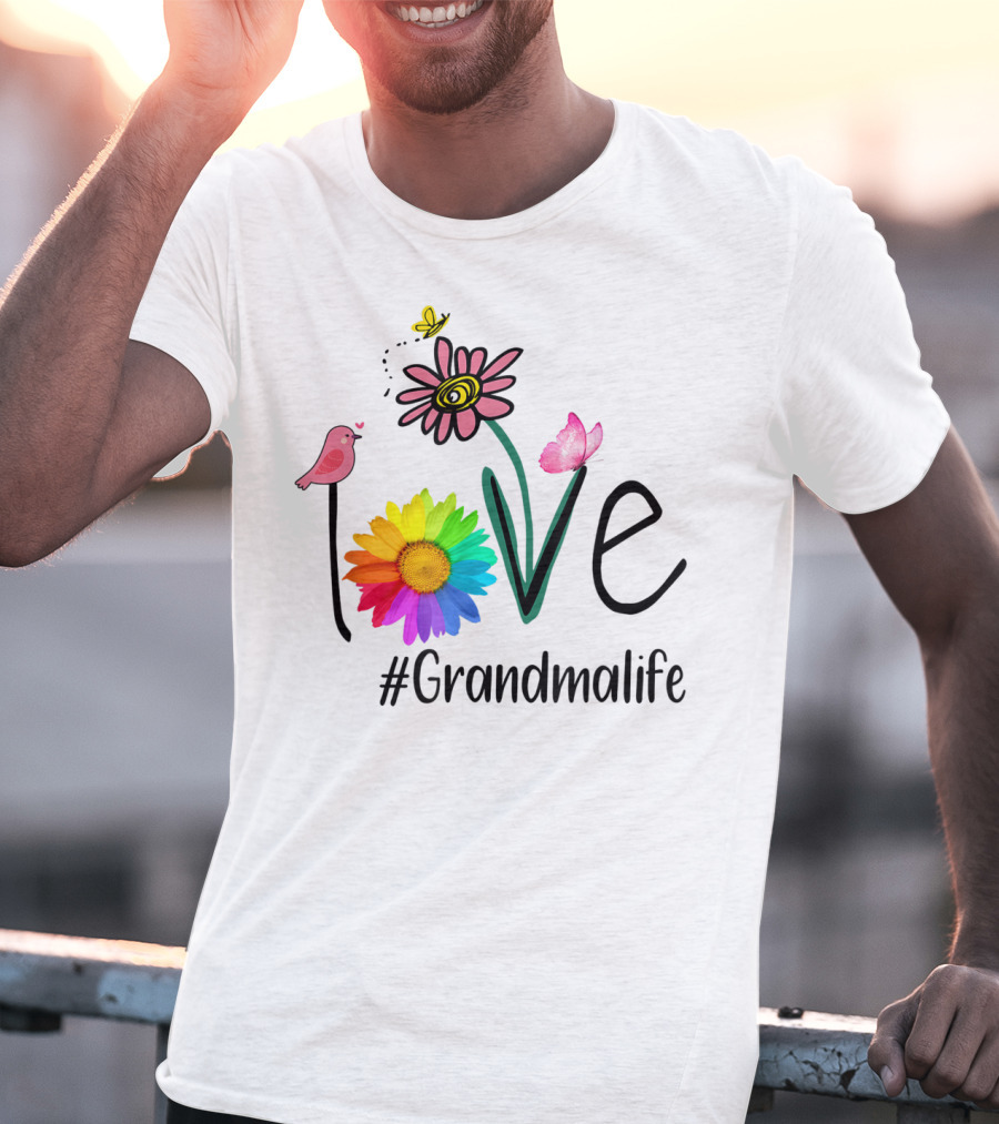 Love #Grandmalife Rainbow Heart Floral Bird Butterfly T-Shirt