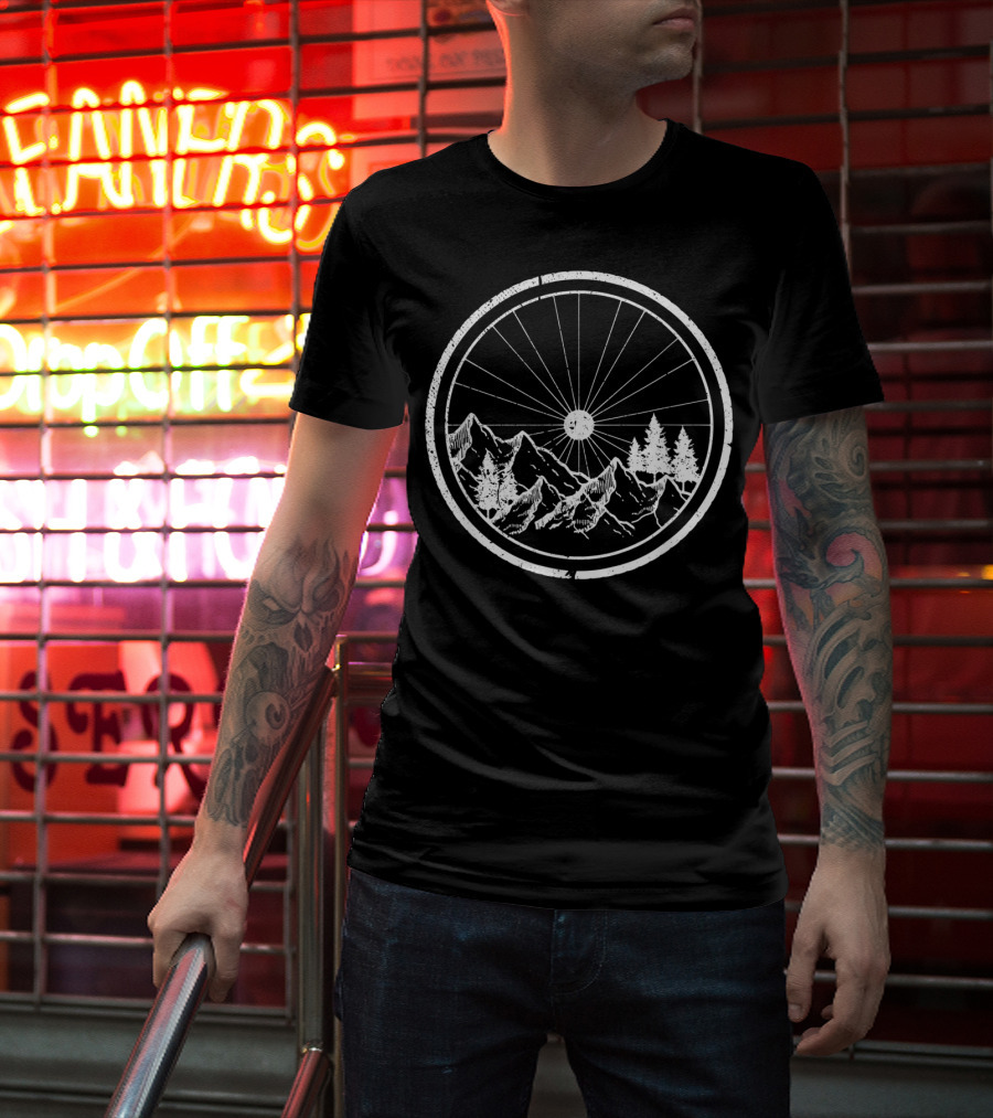 Mountain Bike MTB Bicycle Cycling Wheel With Mountains And Trees T-Shirt