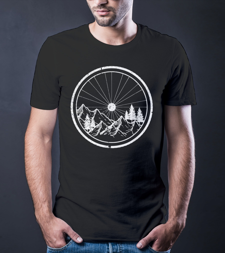 Mountain Bike MTB Bicycle Cycling Wheel With Mountains And Trees T-Shirt